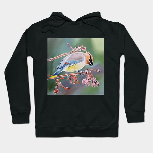 Cedar Waxwing with Crabapples - bird painting Hoodie by EmilyBickell